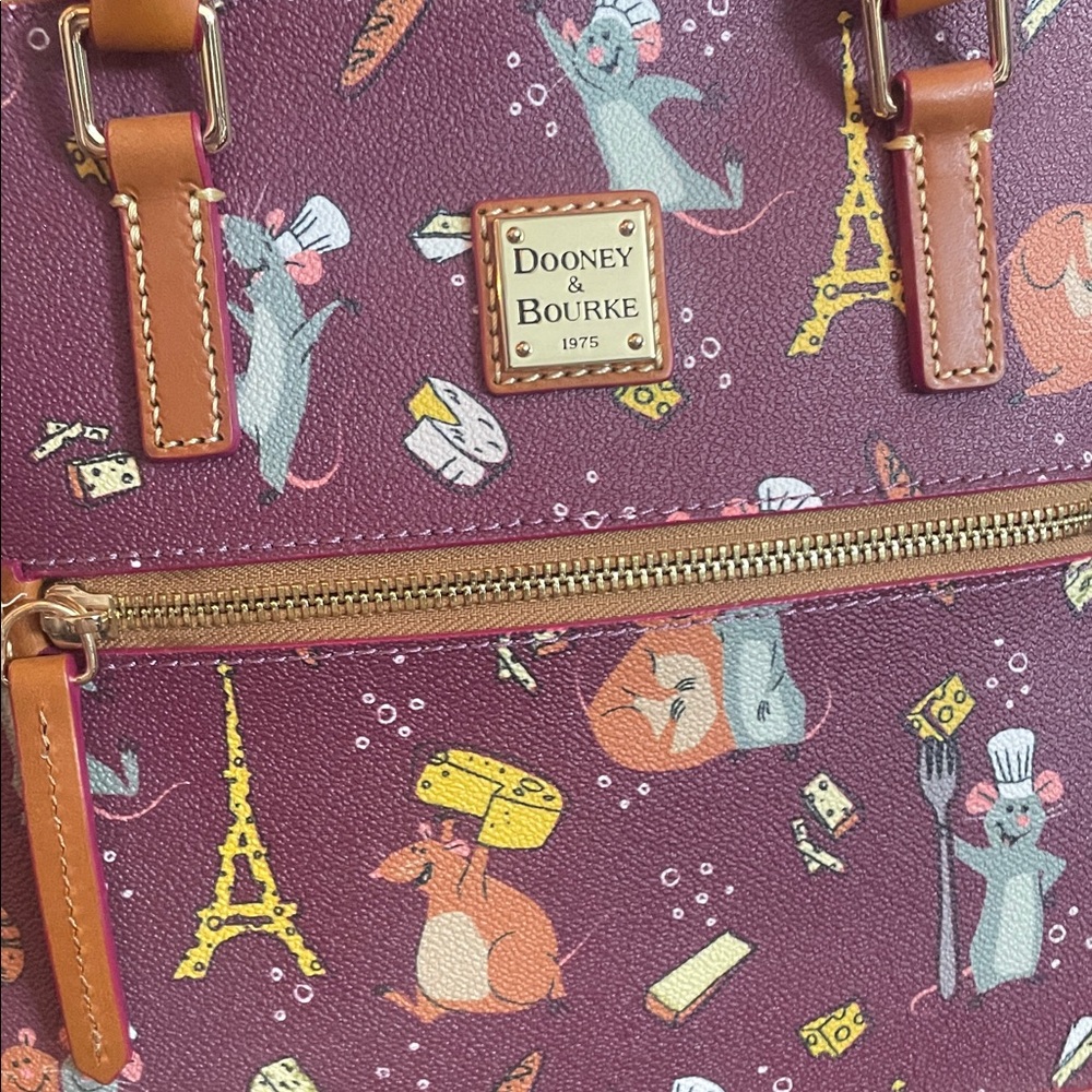 Dooney & Bourke Burgundy Parisian Print Satchel with Tan Trim - Picture 4 of 7